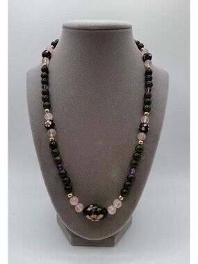 Chinese Export Cloisonné Nephrite Rose Quartz Amethyst Sterling Necklace